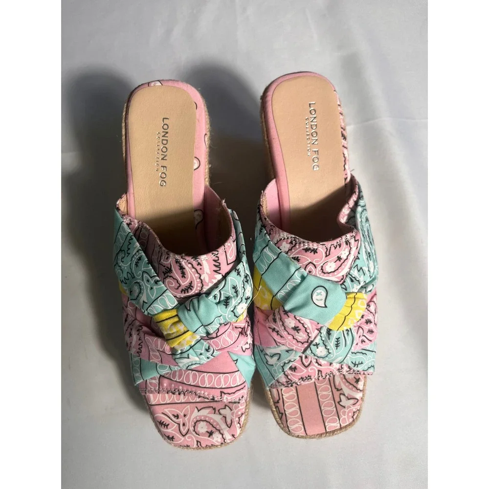 London Fog Heidi Paisley Bandana Espadrille Wedge Sandals Pink Blue Yellow 10M